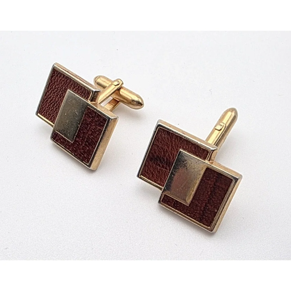 Vintage‎ SWANK CuffLinks & Tir Clip Bar Set 1950s Brown Leather Inlayed in Brass